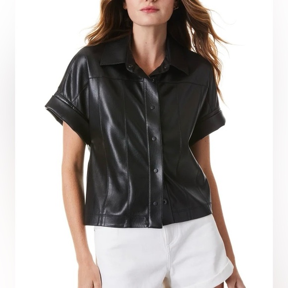 alice + olivia edyth vegan leather top | collared cropped button down | size XS - Picture 3 of 13